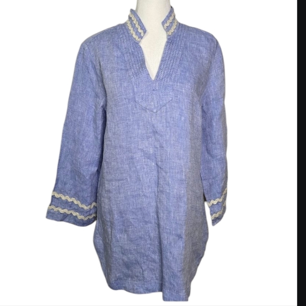 Chicos Linen Embrioderd Tunic Top  Blue with White Accents Size 0.5 (6)